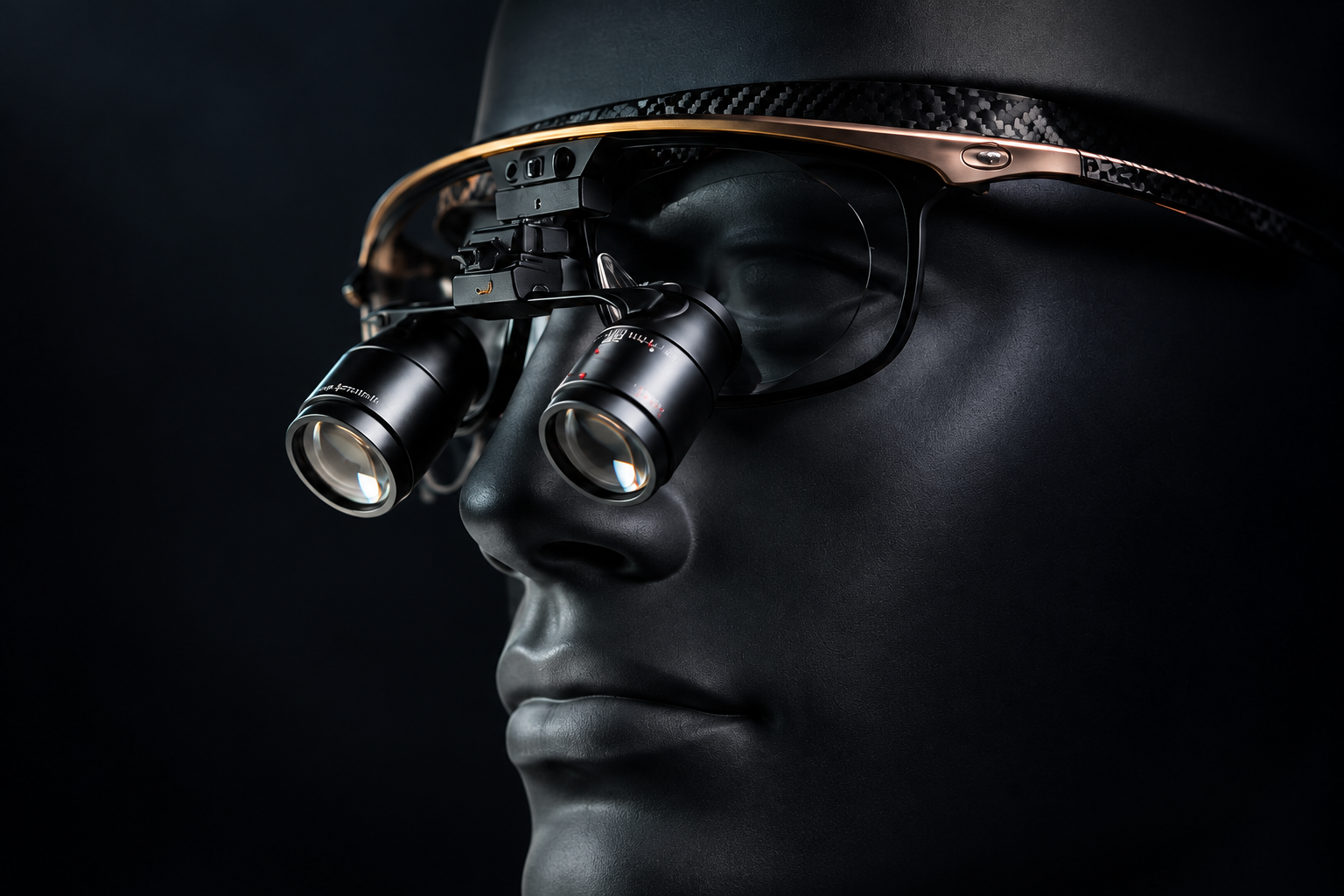 Precision clinical loupes fitted to a dark mannequin